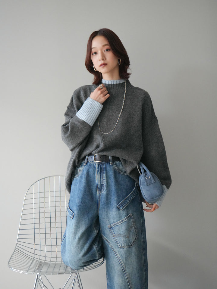 [SET]配色ハイネックニットプルオーバー+ペインターカーブデニムパンツ(2set)