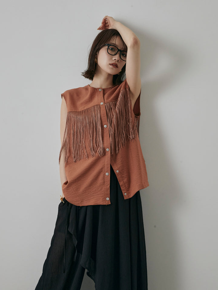 【預購】流蘇無袖上衣/摩卡色