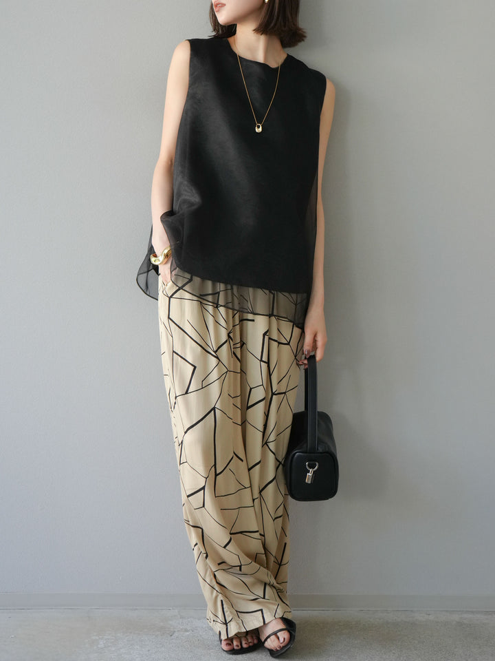 [予約]ビスコースサテンプリントタックイージーパンツ/ベージュ