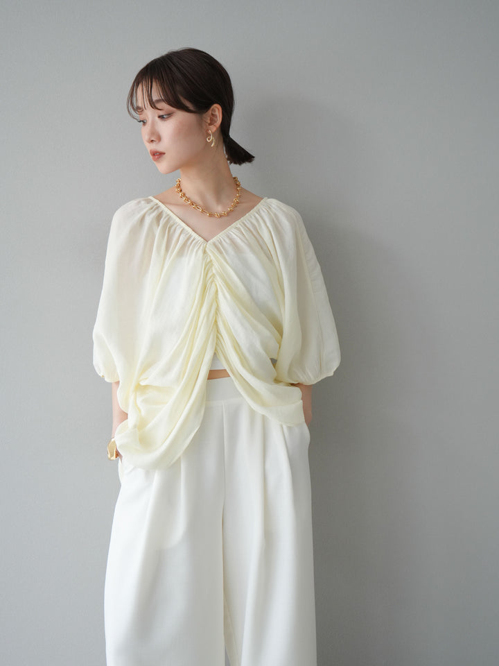 [SET]ボリュームスリーブシアータックブラウス+リネンライクイージーワイドパンツ(2set)