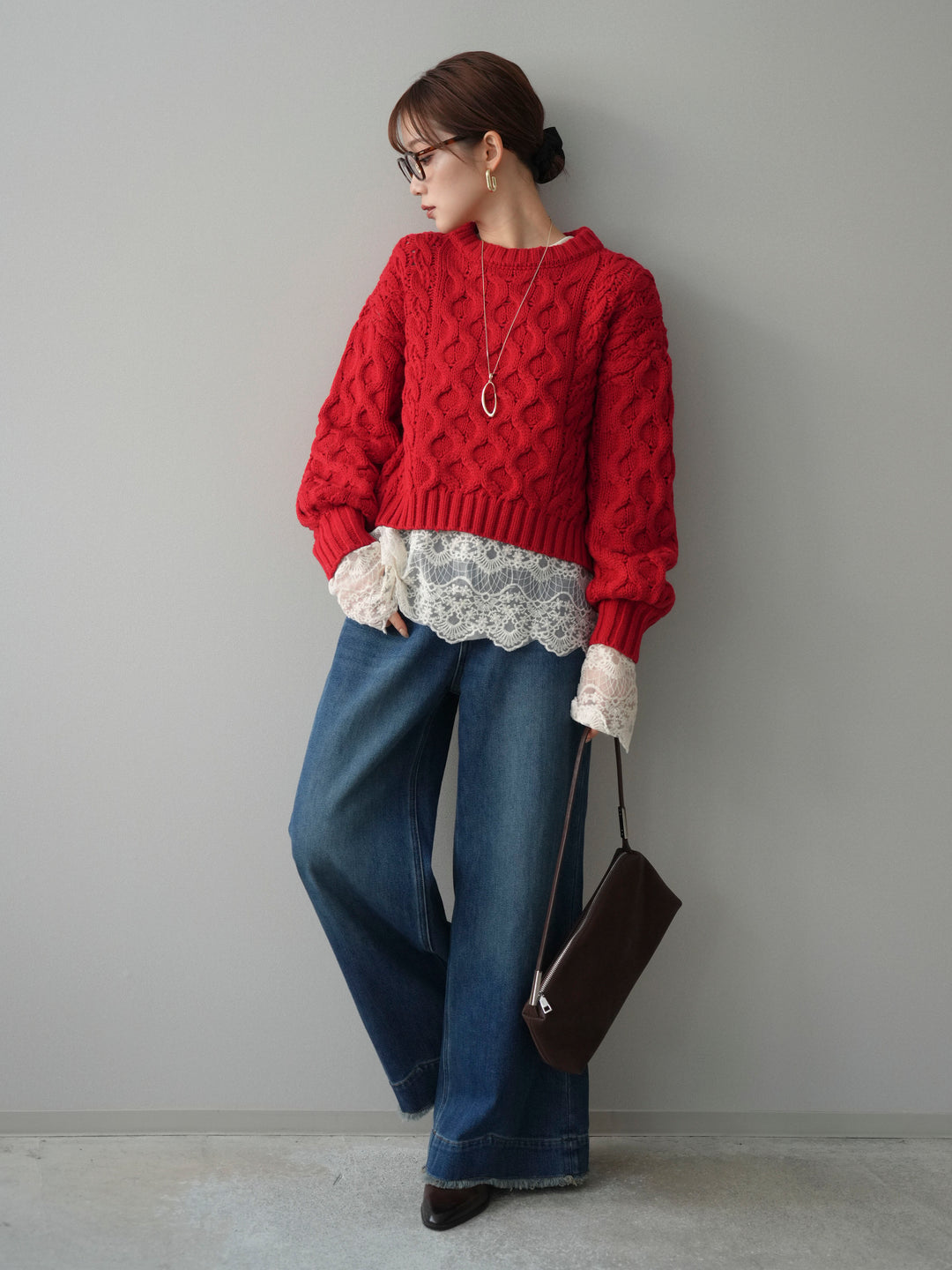 【着回しセット】[SET]バルキーケーブルクロップドニットプルオーバー+アンゴラタッチクルーネックニットプルオーバー+チュールレーストップス(3set)