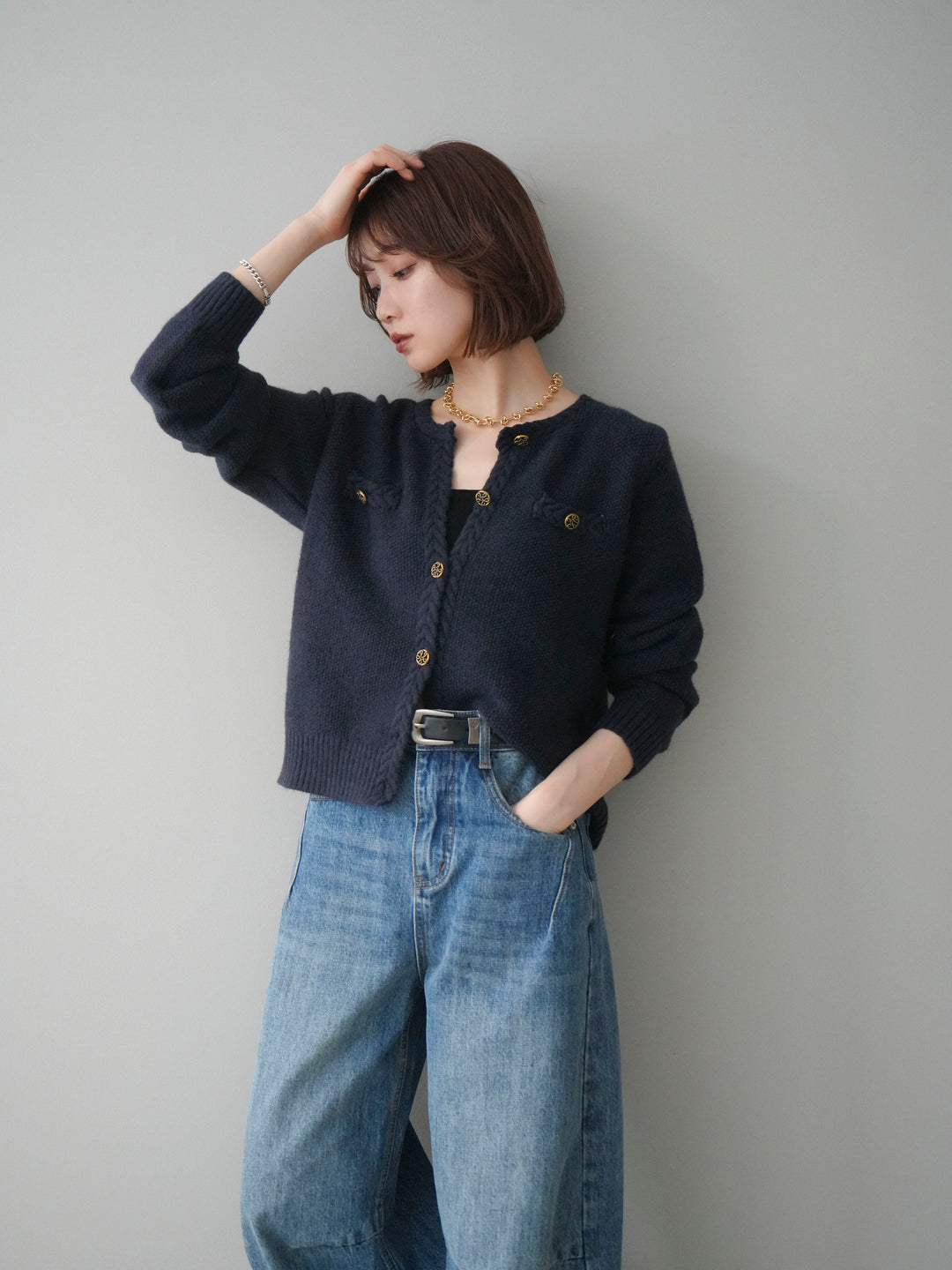 [予約]編みこみアンティークボタンニットカーディガン/navy