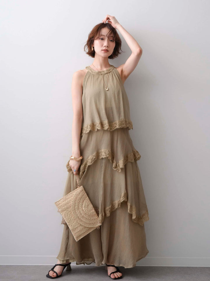 [予約]レースヘムティアードノースリドレス/khaki