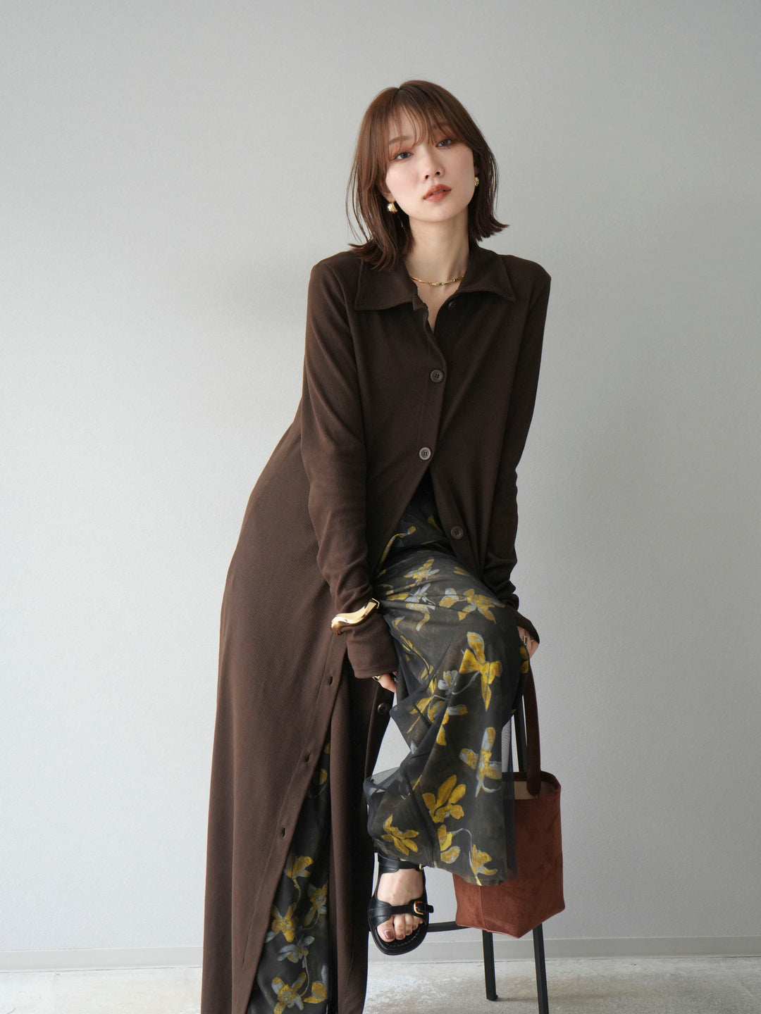 [SET]襟付きカットリブボタンワンピース+フラワープリントチュールレイヤードパンツ(2set)