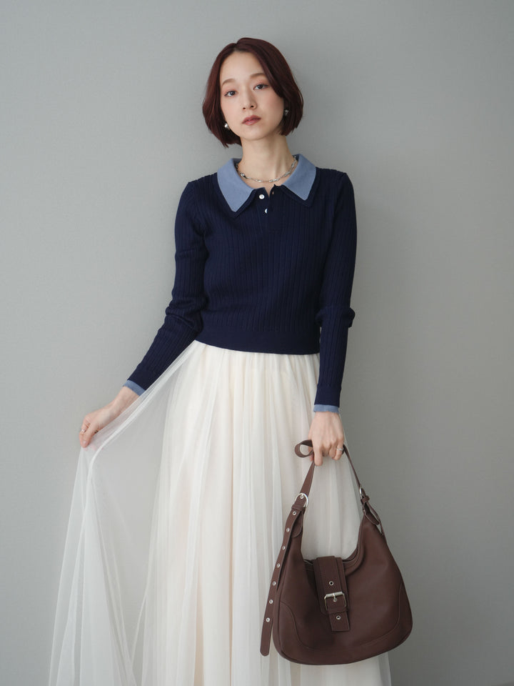 [SET]ダブル襟ポロリブニットトップス+チュールボリュームスカート(2set)