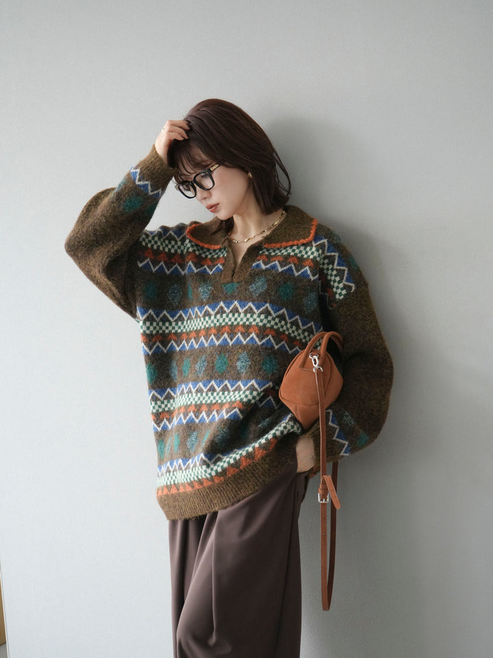 [予約]ノルディック柄ポロニットプルオーバー/ブラウン