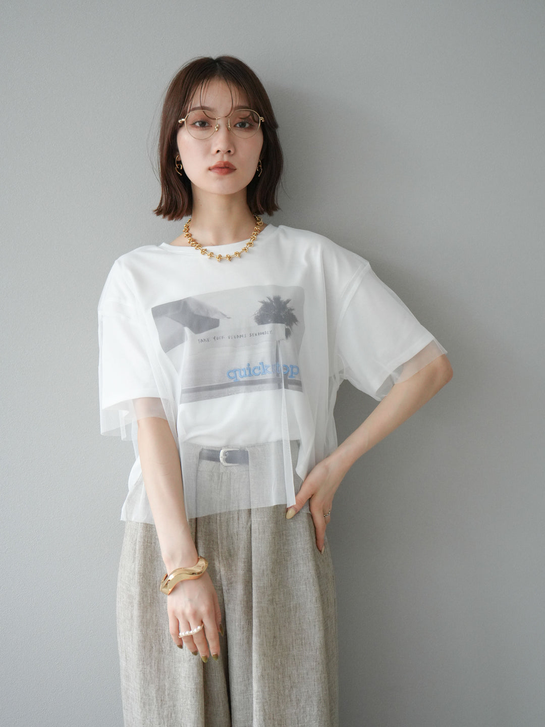 [予約]チュールドッキングフォトTシャツ/オフホワイト×ブルー