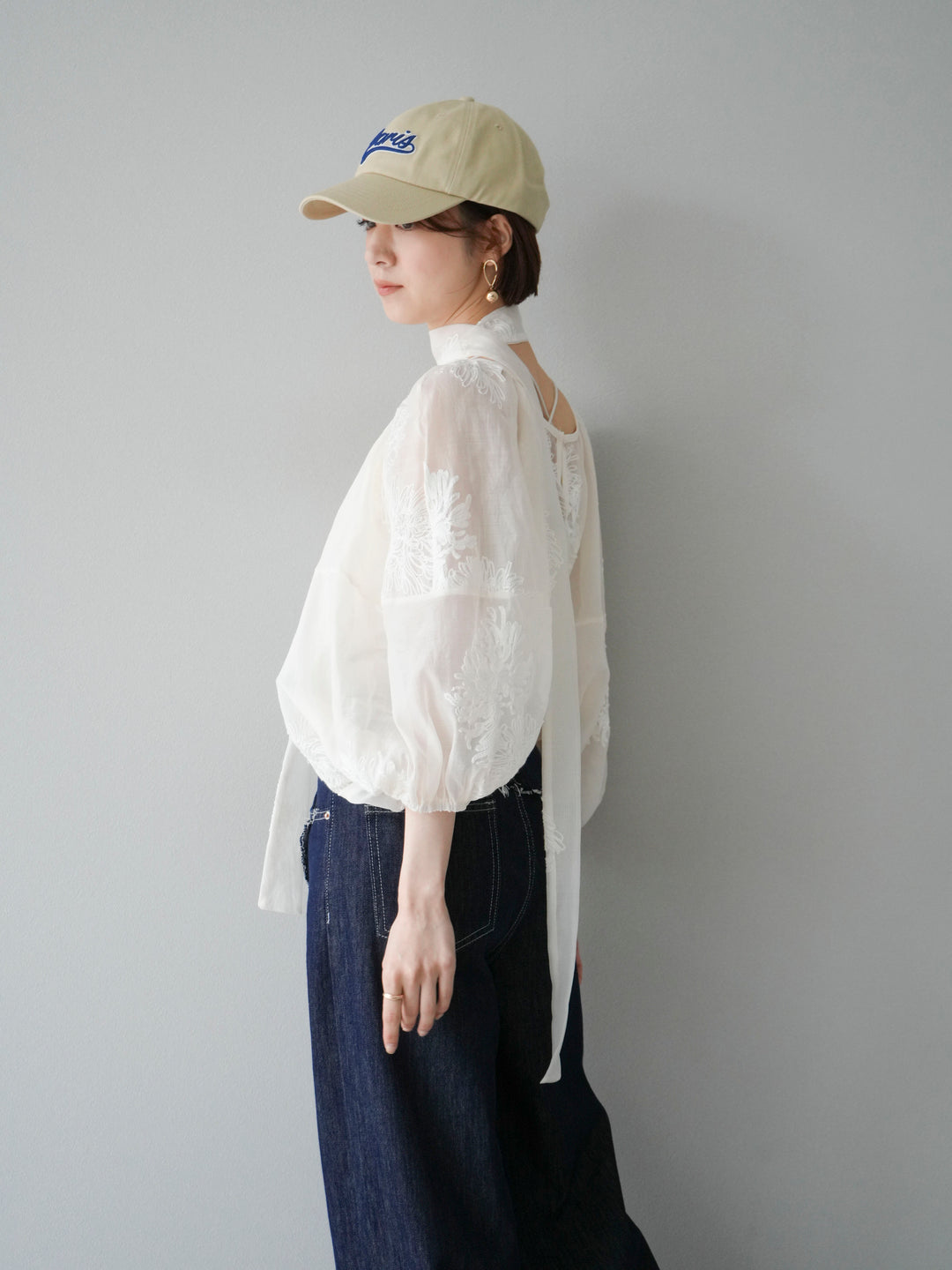 [SET]刺繍シアーバルーンスリーブブラウス+ヒップデザインデニムパンツ(2set)