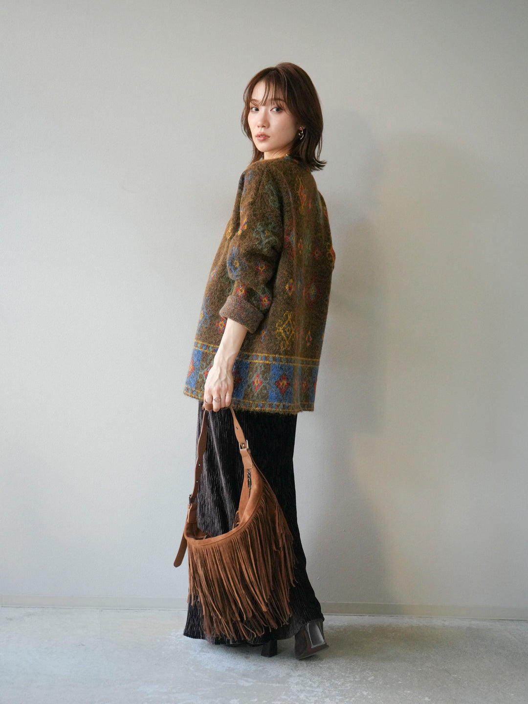 [予約]ヴィンテージ柄オーバーニットプルオーバー/ブラウン