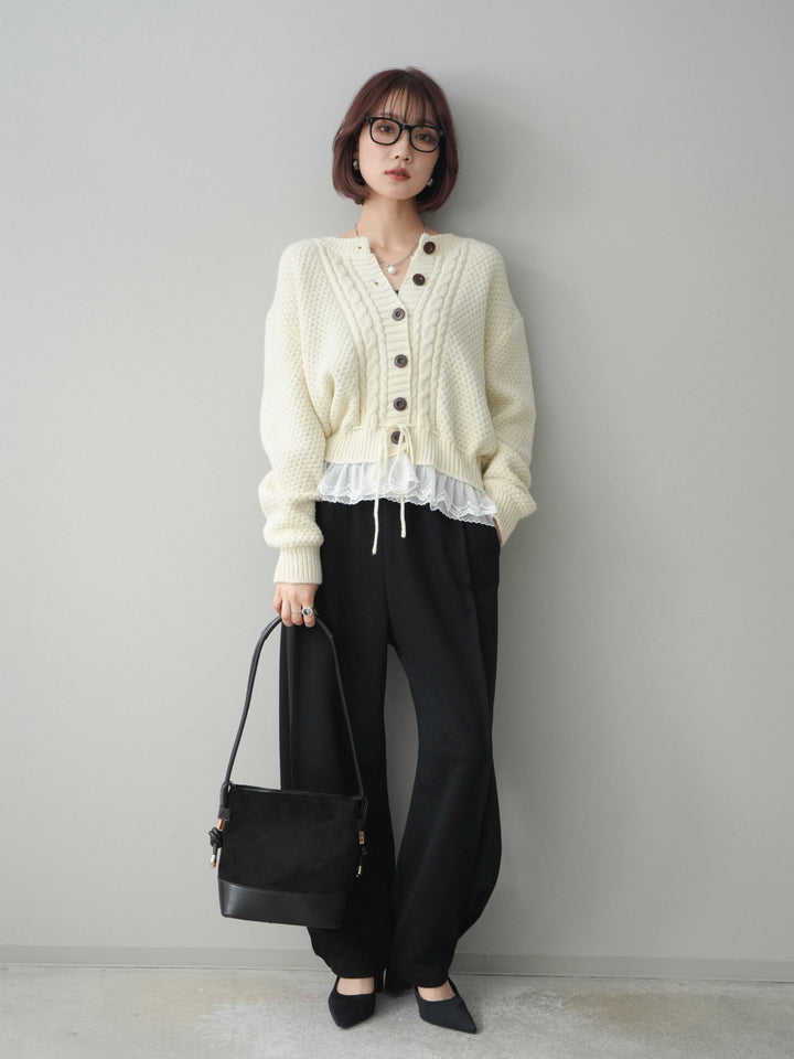 [SET]裾レースケーブルニットカーディガン+2WAYデザインスウェットパンツ(2set)
