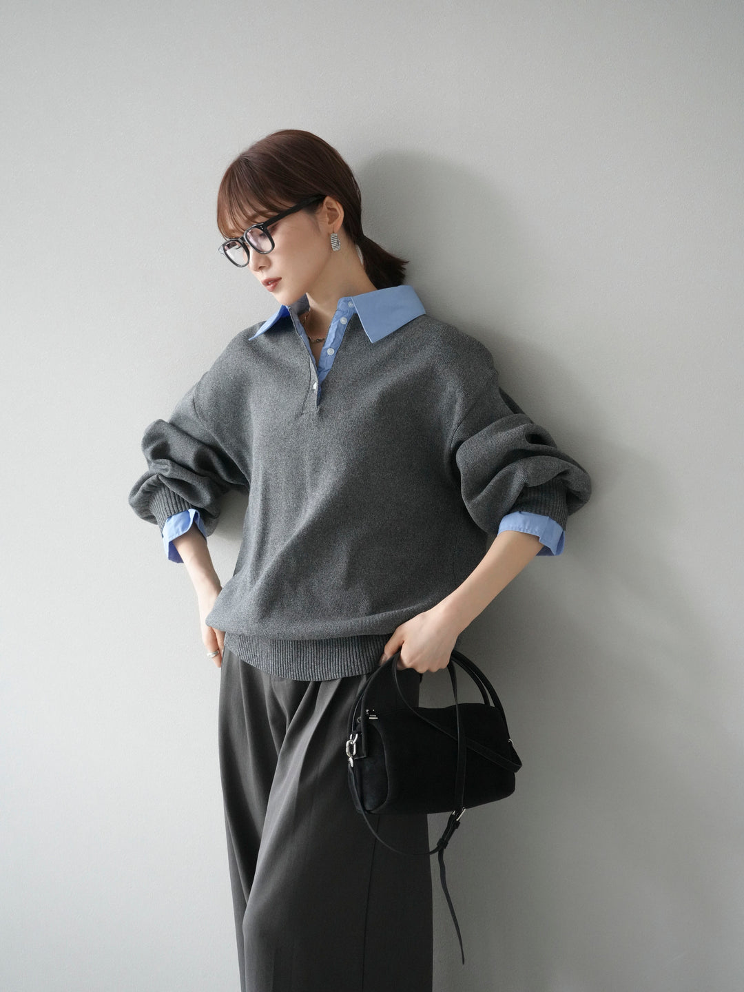 【SET】翻領polo針織套衫+雙褶闊腿褲（2件組）