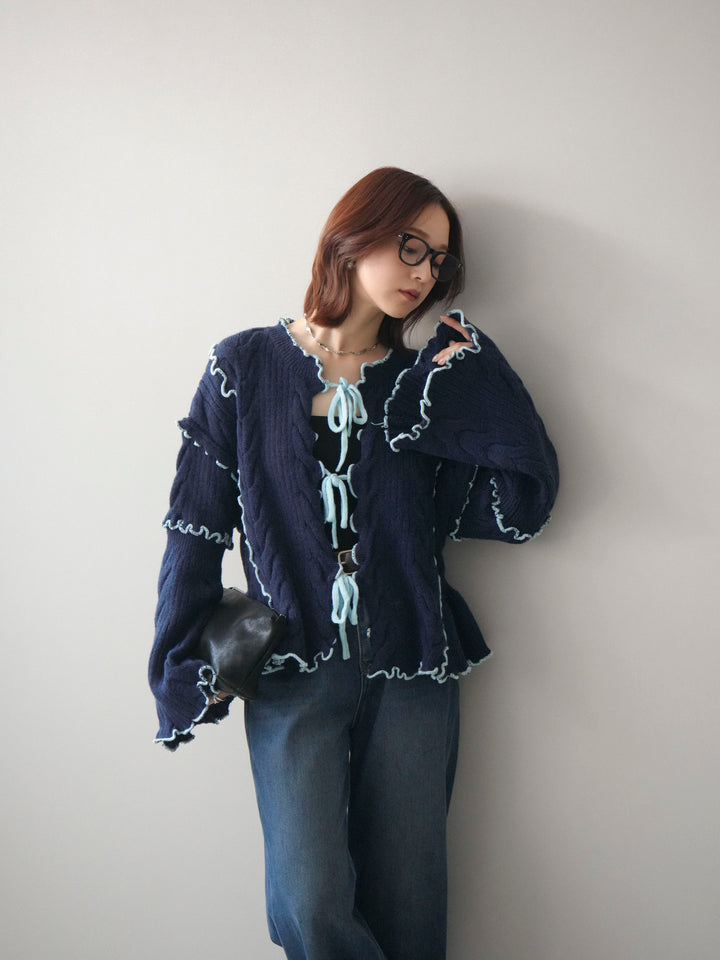 [SET]フロントリボン配色メローニットカーディガン+裏起毛裾フリンジワイドデニムパンツ(2set)