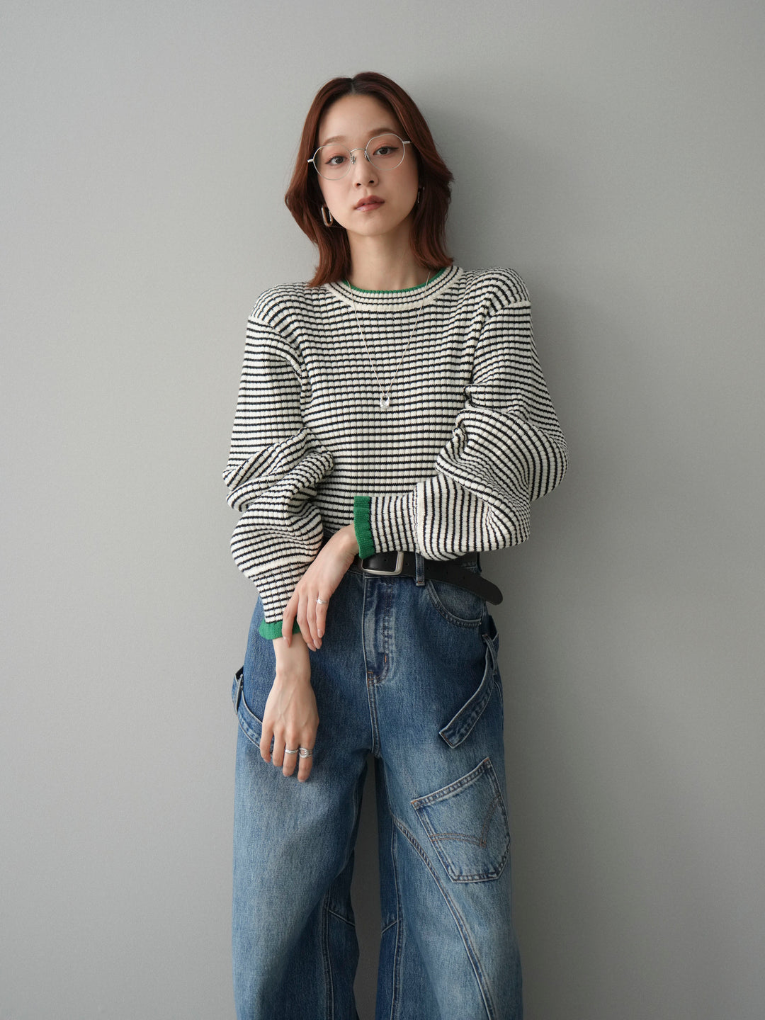 [SET]ラメ異素材ボーダーリブニットプルオーバー+ペインターカーブデニムパンツ(2set)