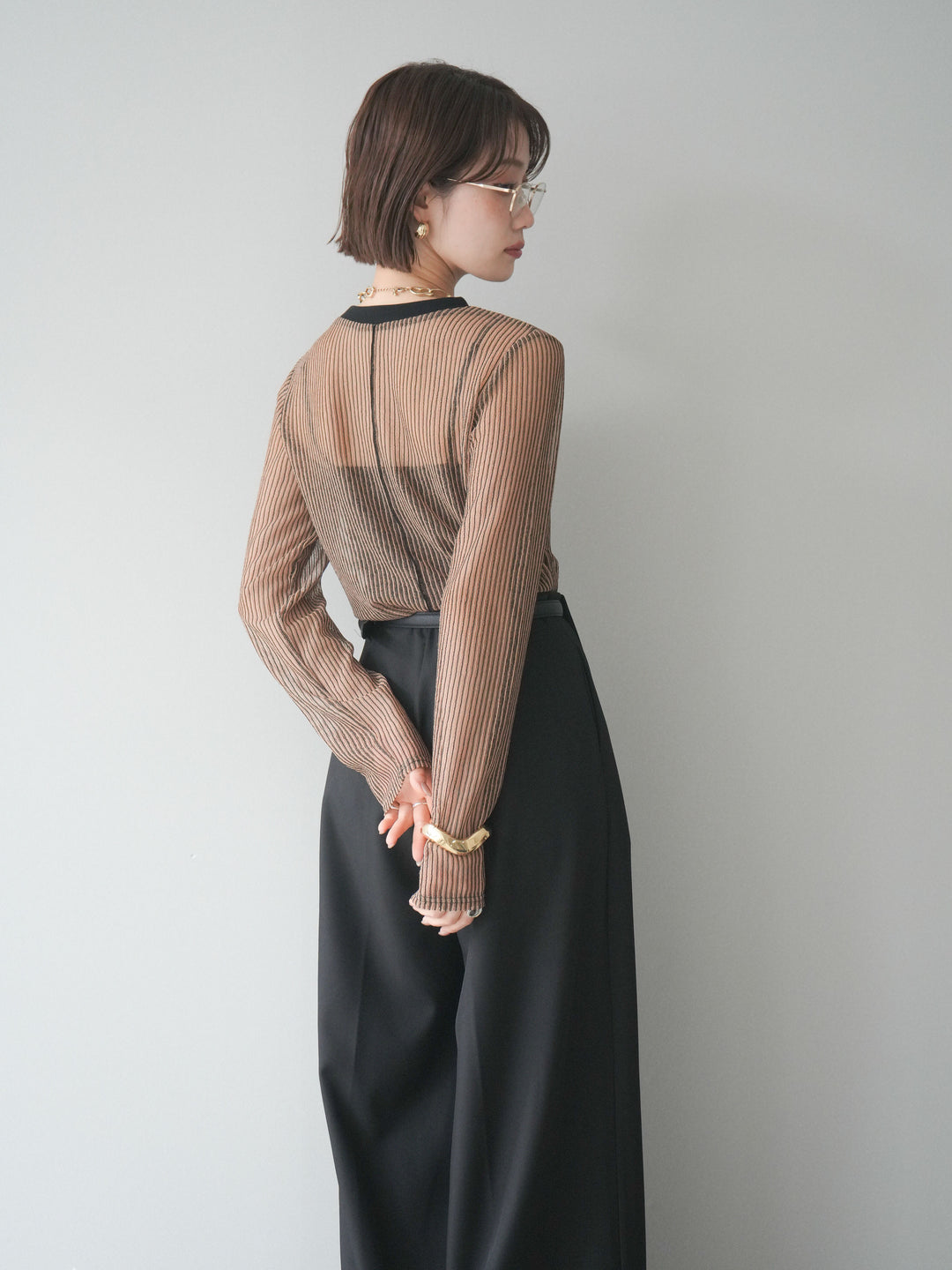 [SET]シアーストライプメッシュトップス+ドレープタックベルトループパンツ(2set)