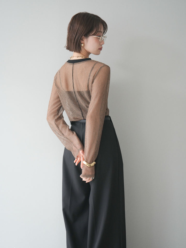 [SET]シアーストライプメッシュトップス+ドレープタックベルトループパンツ(2set)