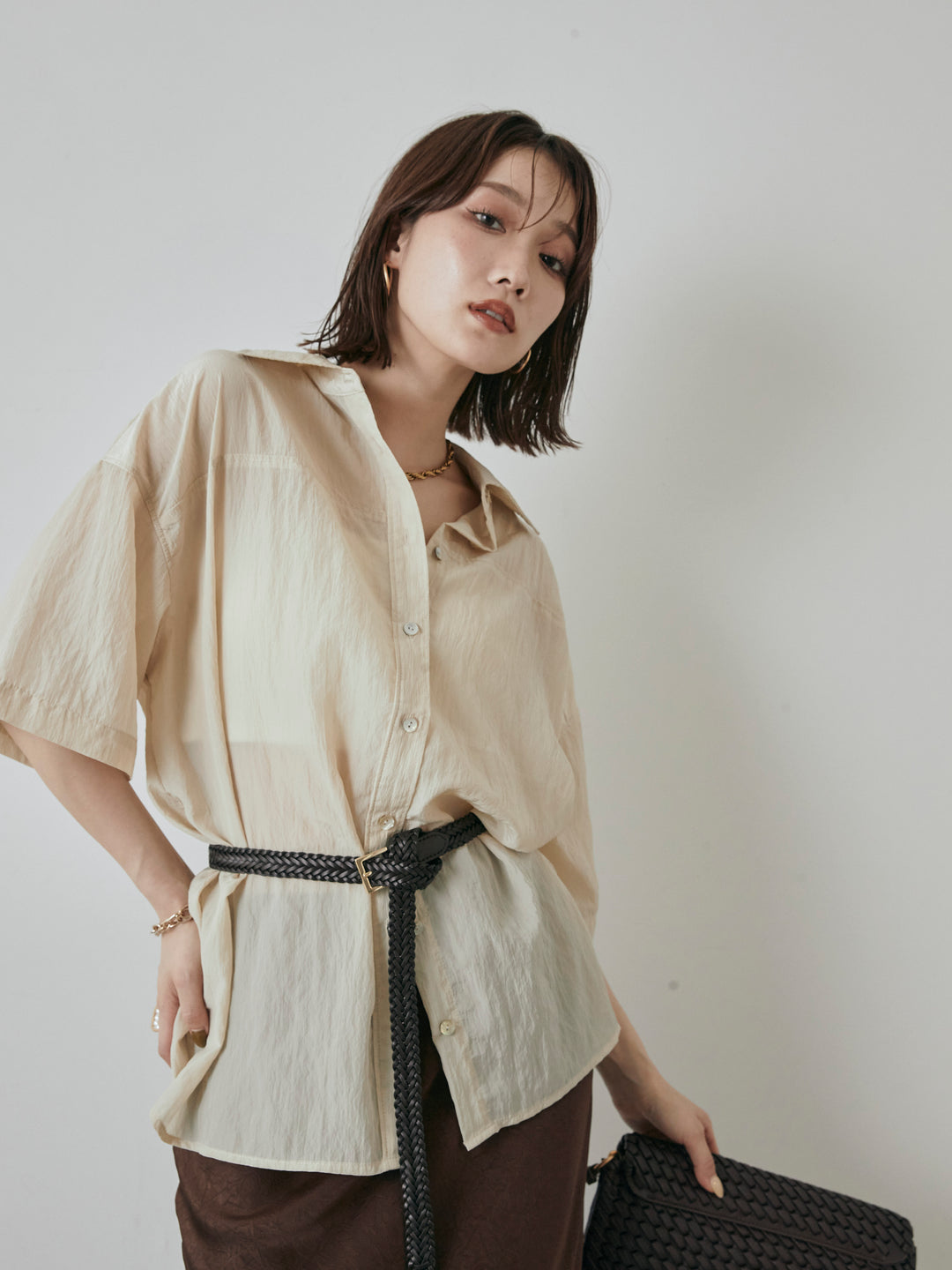 【預購】2WAY尼龍墊圈半身襯衫/奶油色