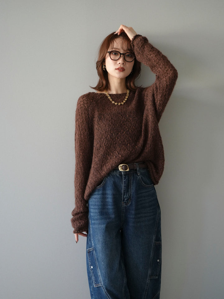 [予約]透かし編みモヘアタッチポコポコニットプルオーバー/brown