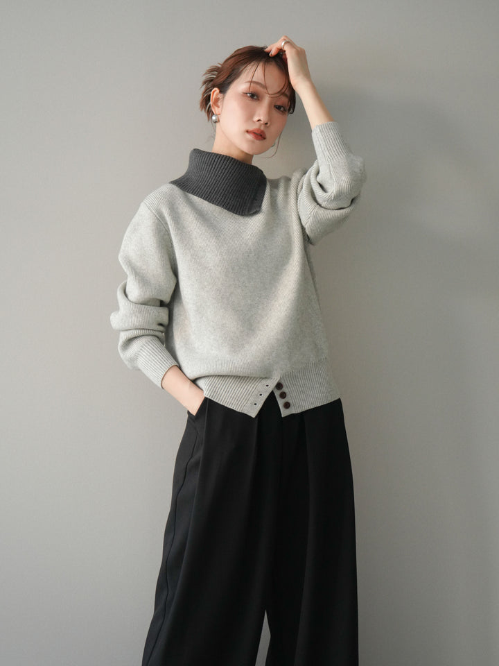 [予約]デザインネックバイカラーニットプルオーバー/gray