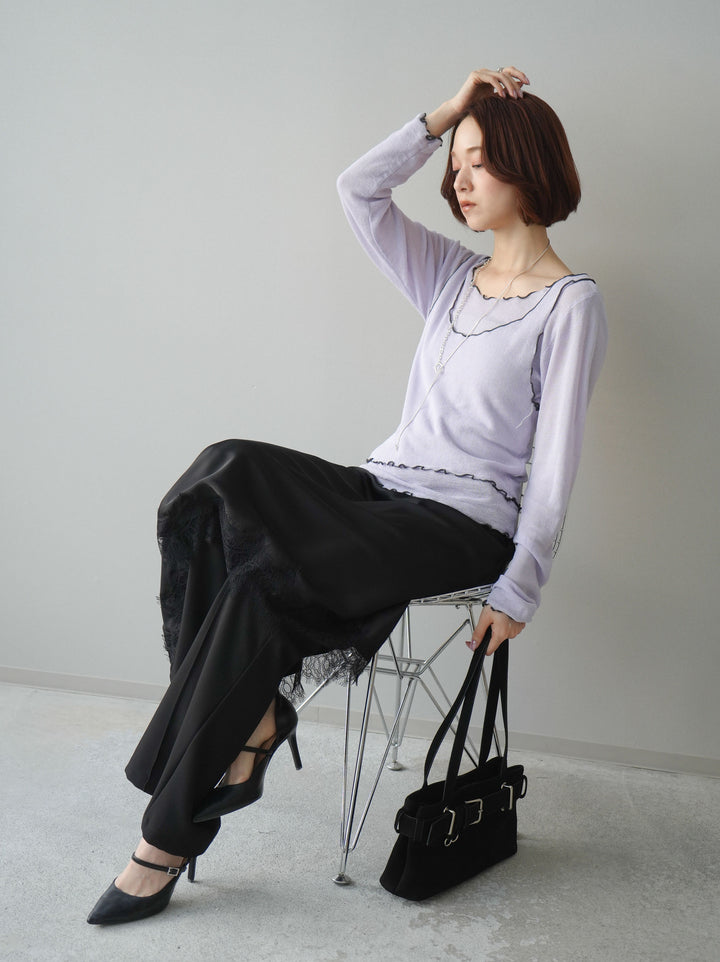 [SET]バイカラーメローアンサンブルシアーニットトップス+センターシームフレアパンツ(2set)