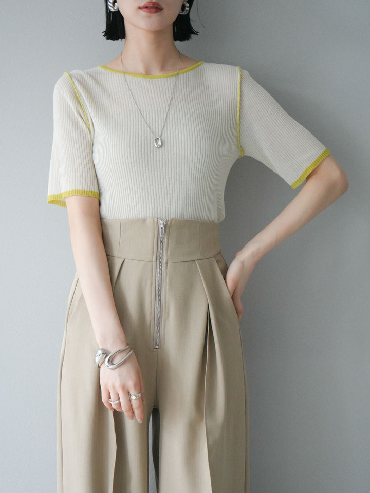 [予約]麻タッチ配色ニットハーフスリーブトップス/アイボリー