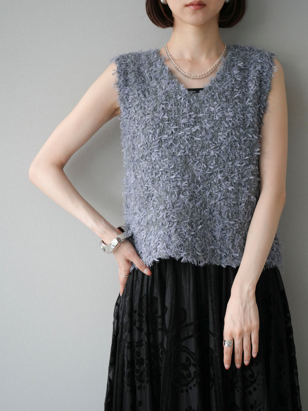 [SET]テープヤーンフリンジニットベスト+アンティーク柄フロッキーマキシスカート(2set)