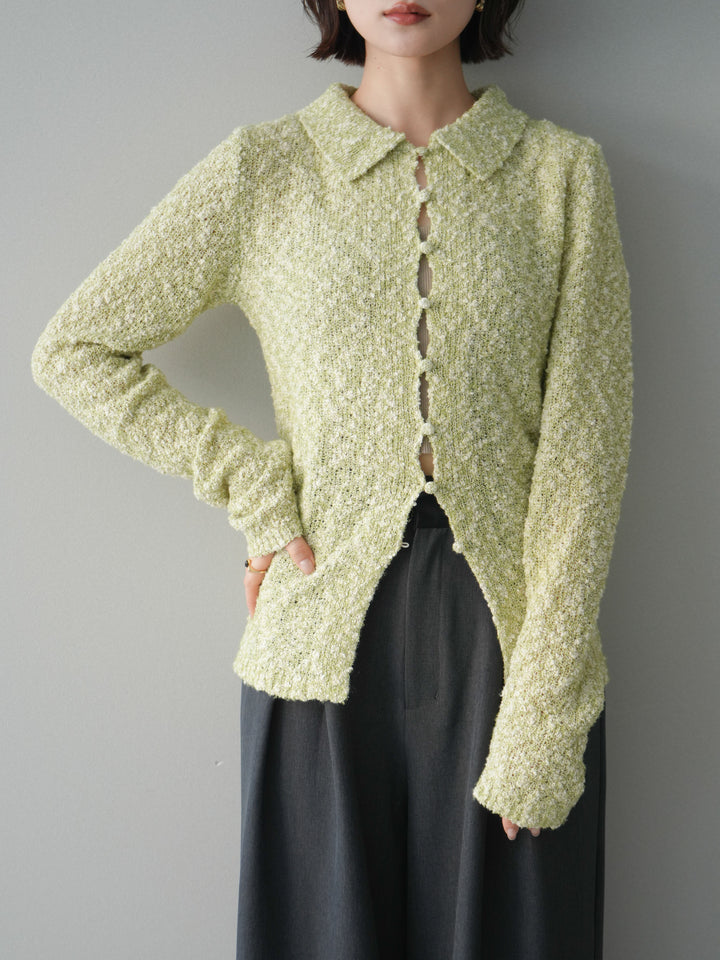 [予約]透かし編みブークレポロニットトップス/green