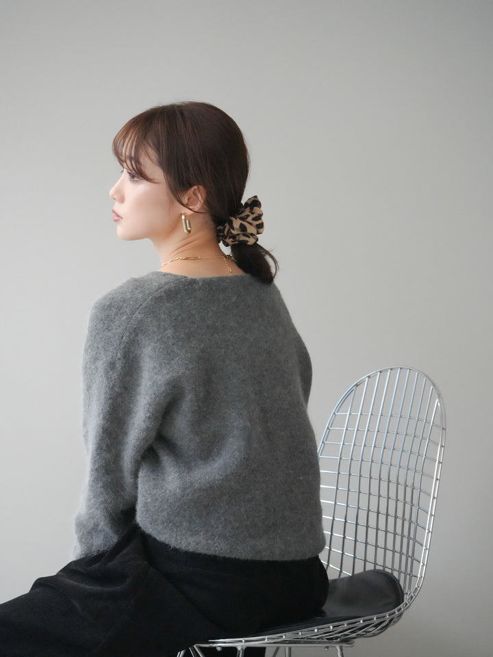 [SET]シュシュ付きアンゴラタッチVネックニットプルオーバー+ベルトデザインループコールテンワイドパンツ(ベルト付き)(2set)