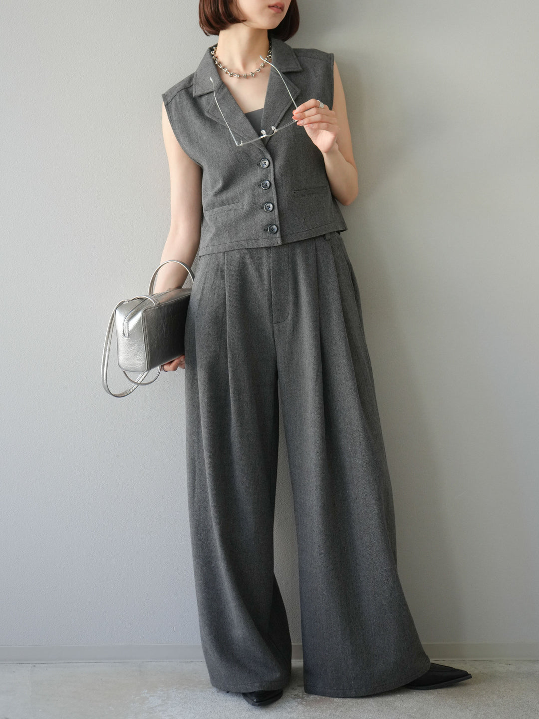 [予約]ツイードタッチテーラードジレ/ダークグレー