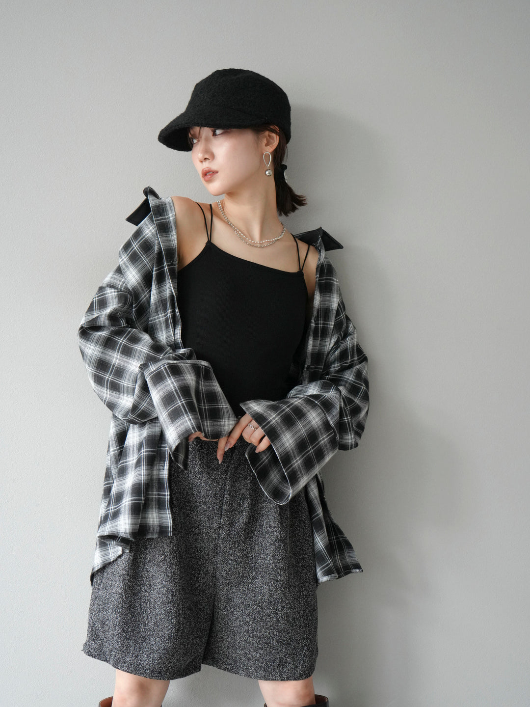 [予約]レザー襟オンブレチェックオーバーシャツ /ブルー