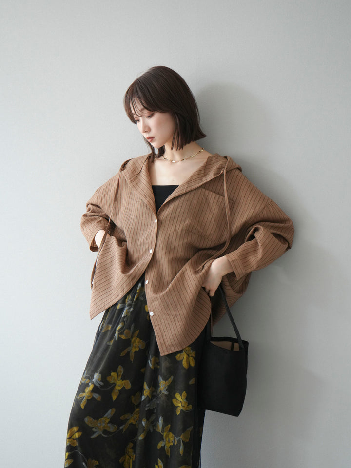 [予約]ワッシャーストライプフーディーシャツ/ブラウン