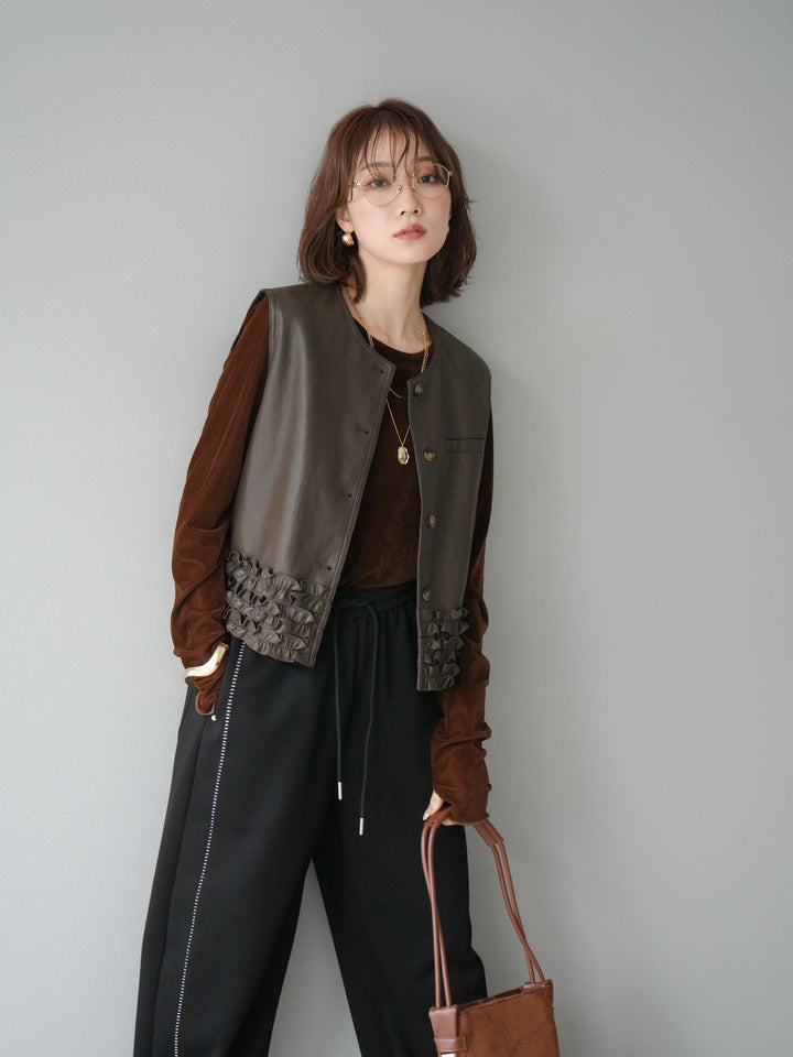[予約]コンパクトフリルレザーベスト/ブラウン