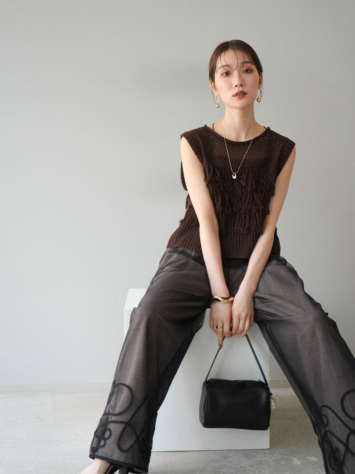 [SET]透かし編みフリンジニットトップス+コード刺繍チュールレイヤードパンツ(2set)