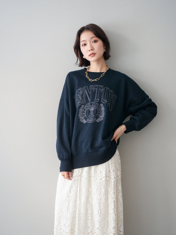 [SET]カレッジロゴ刺繍BIGスウェットプルオーバー+裏プリーツ総レースロングスカート(2set)