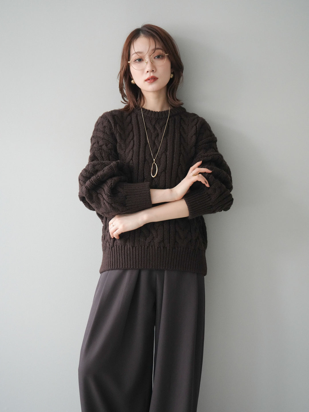 [予約]ボリュームケーブルニットプルオーバー/brown
