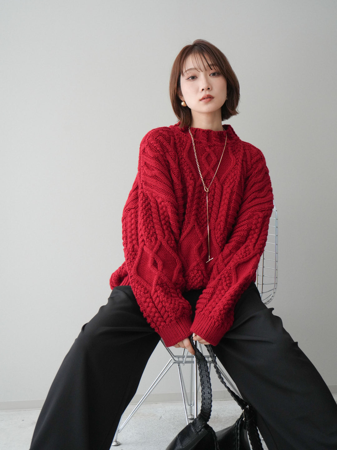 [SET]ケーブル編みモックネックニットプルオーバー+選べるアクセセット(2set)