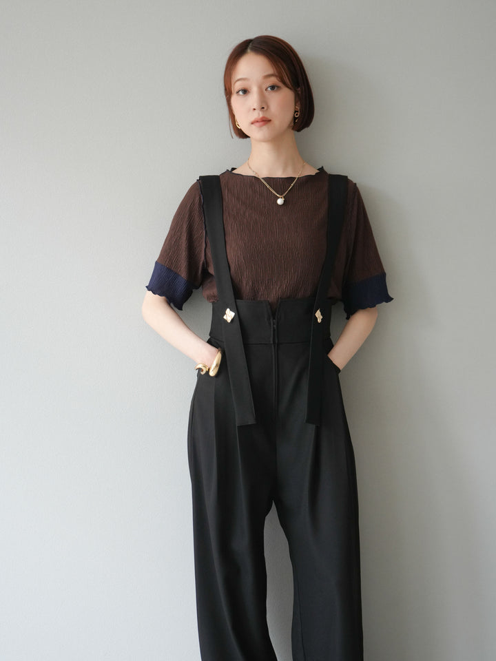 [SET]プリーツ配色ボートネックプルオーバー+ゴールドボタンサスペンダーワイドパンツ(2set)