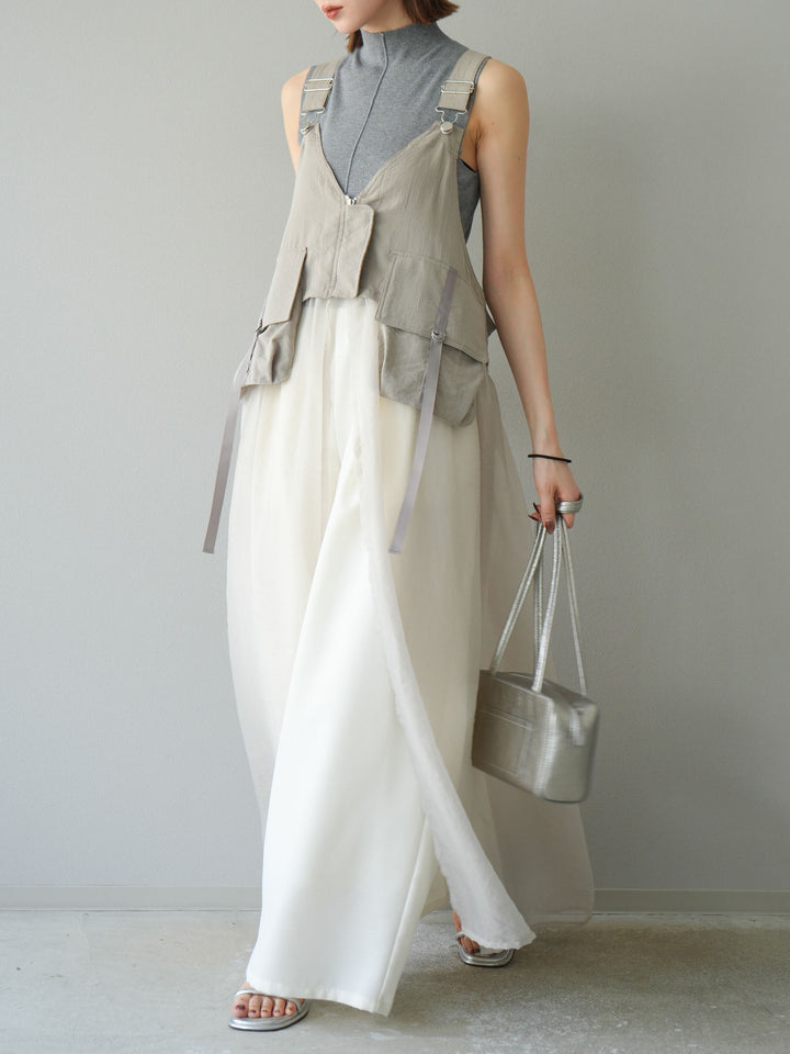 [SET] 戰術背心歐根紗洋裝 + 麻質寬鬆寬褲 (2 件套)