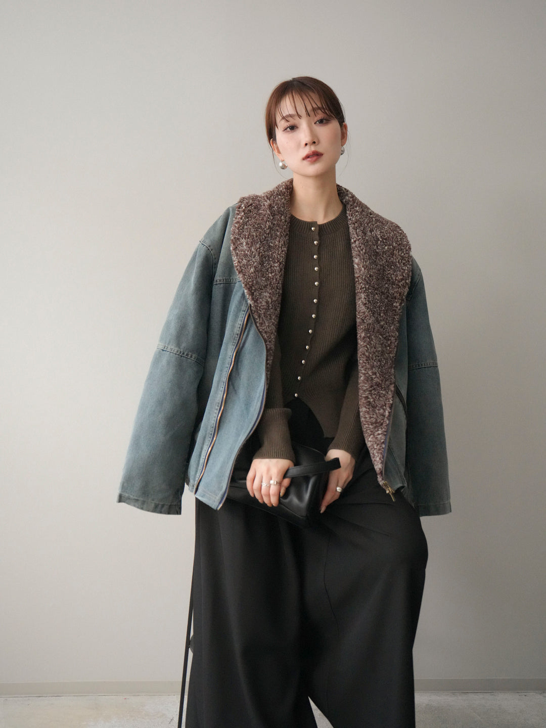 [SET]ミックスボアデニムジャケット+シルバーボタン畦編みニットカーディガン(2set)