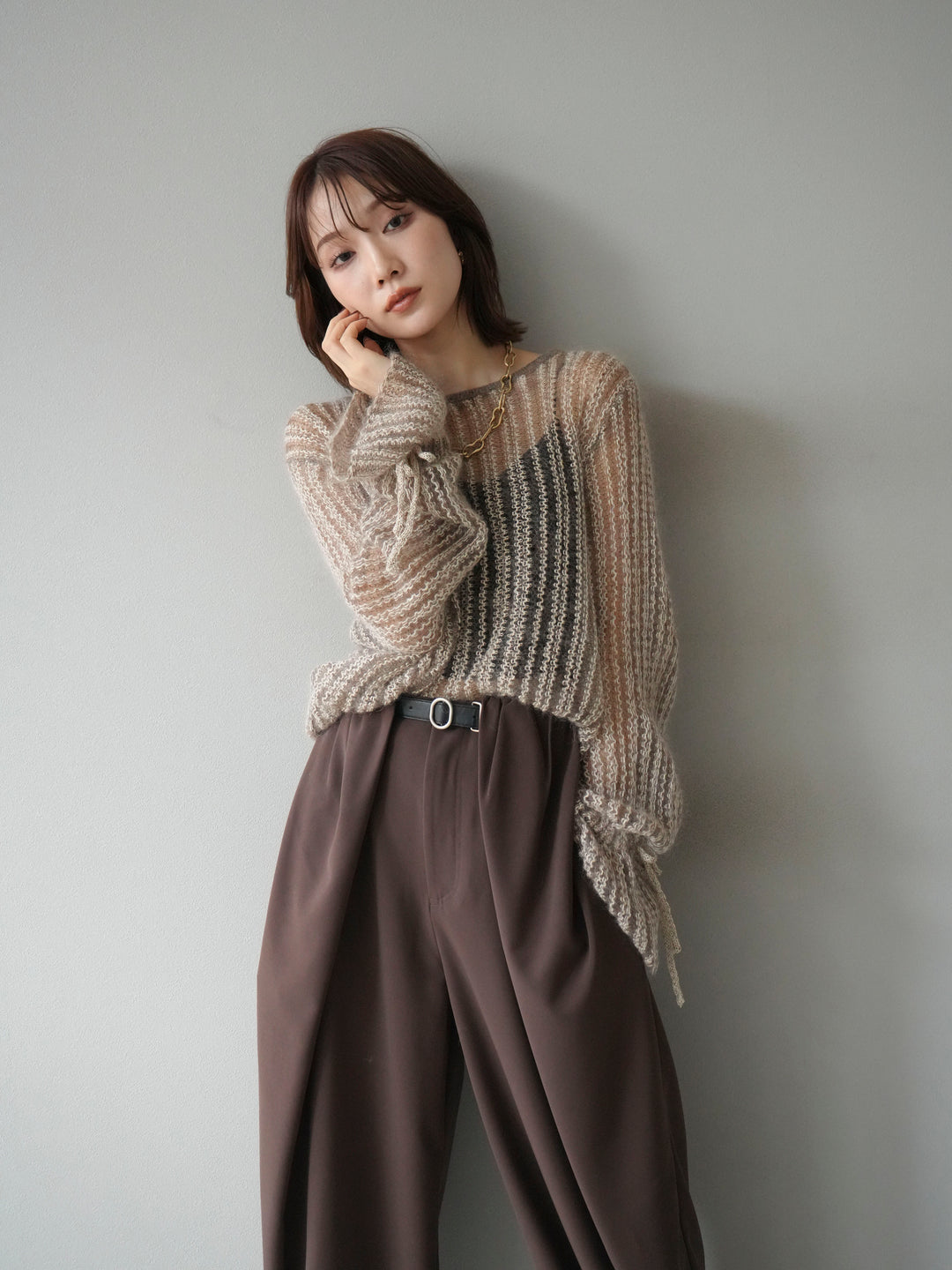 [予約]ストライプメッシュニットプルオーバー/ベージュ