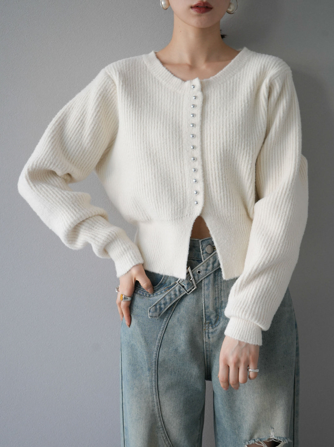 [予約]スリットヘムフェザーニットカーディガン/アイボリー
