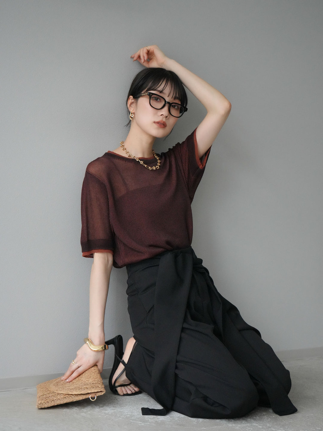 [SET]リネンタッチ配色二重臼ハーフニットトップス+ウエスト巻きデザインワイドパンツ(2set)