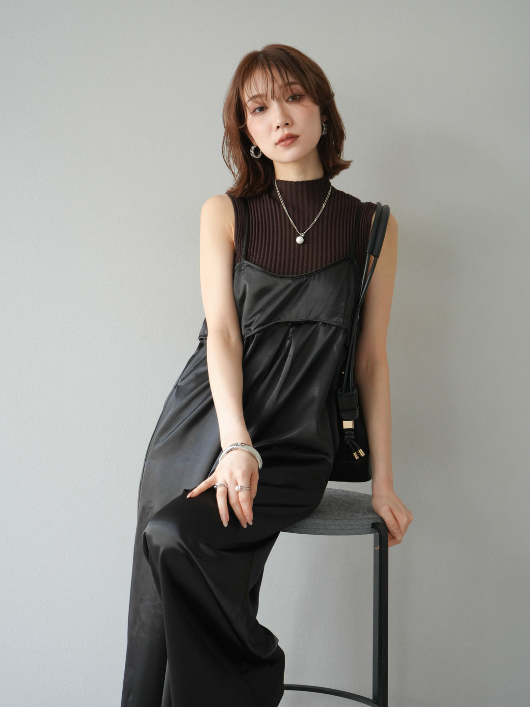 [予約]ボトルネックワッフル編みノースリーブニットトップス/ブラウン