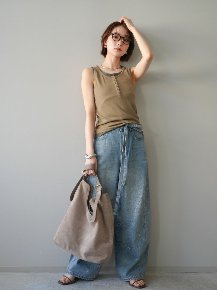 [SET]配色リブヘンリータンクトップ+ウエストベルトビジューワイドデニムパンツ(2set)