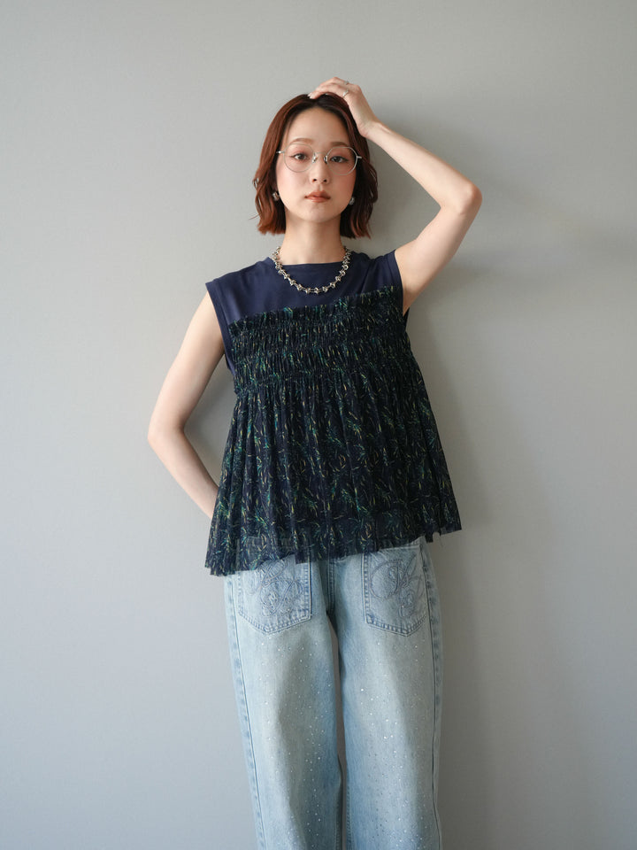 [予約]チュールプリントノースリーブトップス/navy