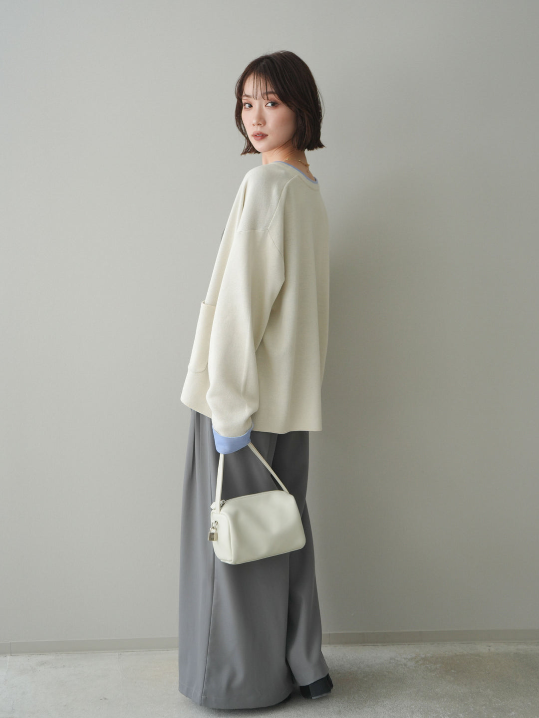 [SET]バイカラーオーバーニットカーディガン+タックベルトループワイドパンツ(2set)