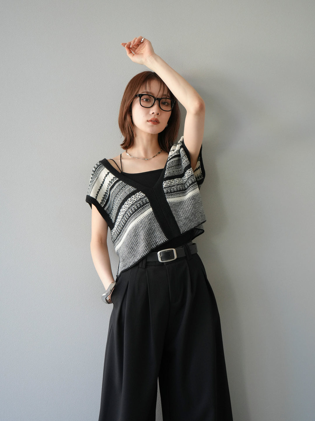 [予約]ガーター編み2WAYニットベスト/ホワイト×ブラック