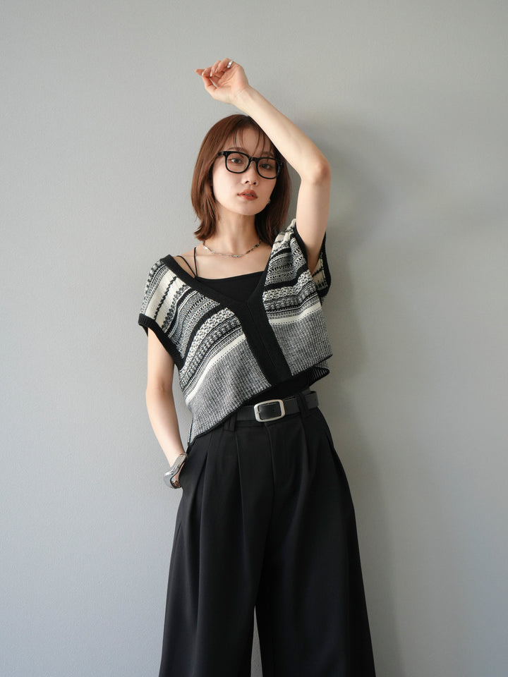 [予約]ガーター編み2WAYニットベスト/ホワイト×ブラック