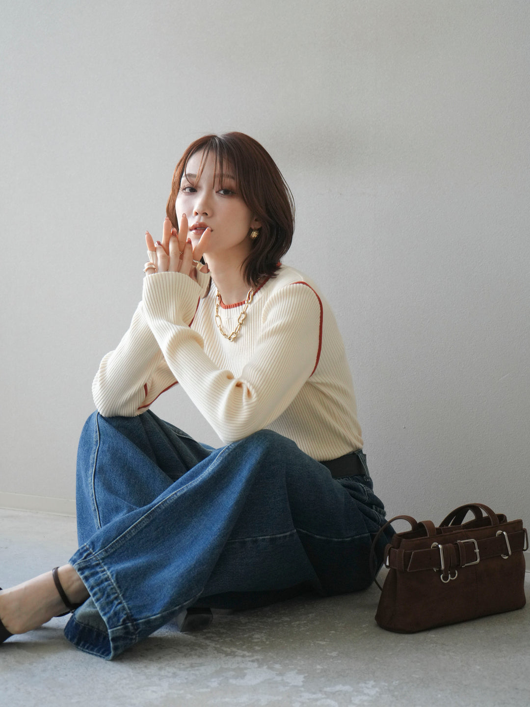 [SET]バイカラークルーネックリブニットトップス+選べるアクセセット(2set)