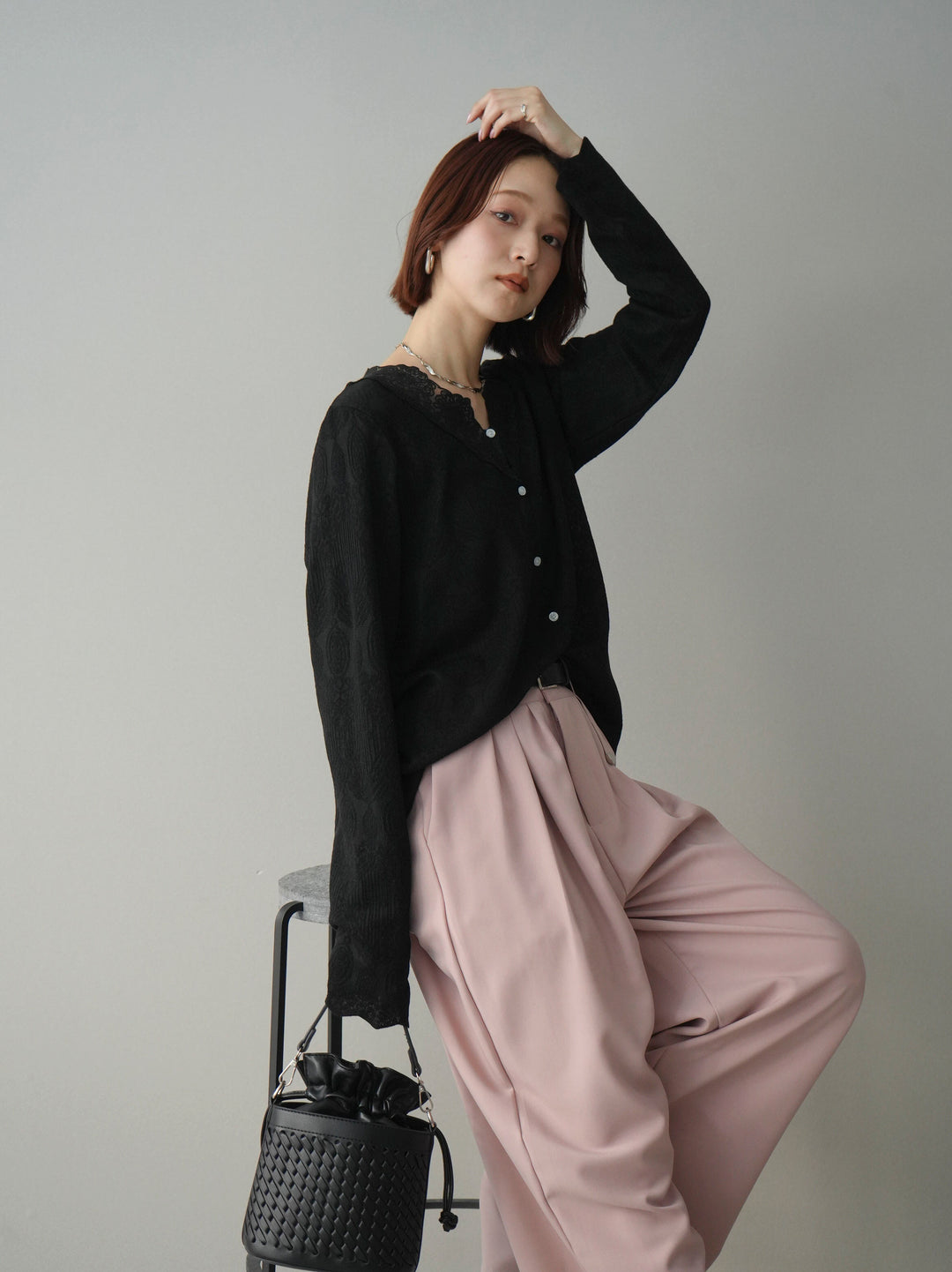 [SET]レースネックジャガードニットカーディガン+ベルト付キーホルダーモチーフワイドパンツ(2set)