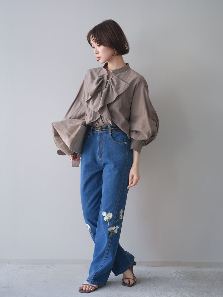 [SET]ラッフルフレアショートブラウス+フラワー刺繍ストレートデニム(2set)